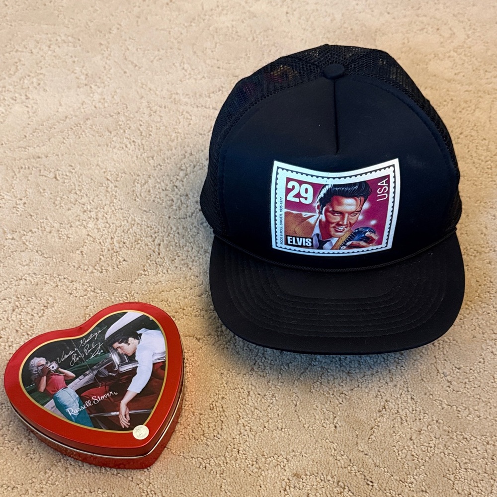 Black Elvis Trucker Hat and Valentine Candy Tin